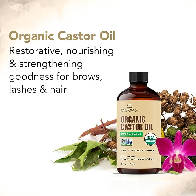 Botanic Hearth Castor Oil Organic for Hair, Lashes, Face (2oz), 100% Pure, Cold Pressed, Hexane Free Hair Oil, Lash Serum for Thicker-Looking Eyelashes & Eyebrows