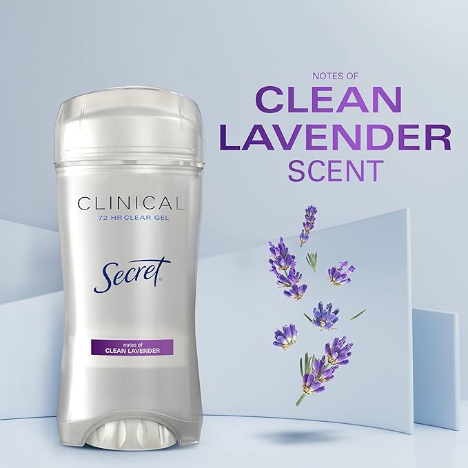 Secret Clinical Strength Antiperspirant Deodorant for Women, 3X Stress Protection, 72hr Sweat & Odor Protection, PH Balancing Minerals, Clear Gel, Clean Lavender Scent, 2.6 oz (Pack of 2)