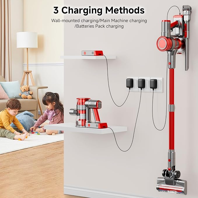 Cordless Vacuum Cleaner, Powerful Stick Vacuum Cleaner for Home with Rechargeable Battery, 6-in-1 Lightweight Handheld Vacuum, 45 Mins Runtime for Hardfloor & Carpets Pet Hair (red)