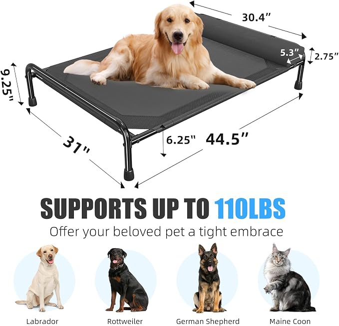Simple Trending Elevated Dog Bed for Large Dogs, Cooling Raised Pet Cot with Bolster, Breathable Outdoor Couch Bed, 44.5" x 31", Black | Cooling Raised Pet Cot with Bolster, Dog Couch Cot for Indoor Outdoor, Breathable Mesh, Waterproof, Non-Slip Feet