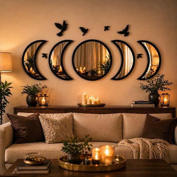 NESHE Moon Phase Mirror Wall Decor Set with Birds | Gothic Witchy Boho Wall Mirror Decor | Scandinavian Aesthetic Home Decor for Bedroom Living Room (Black)