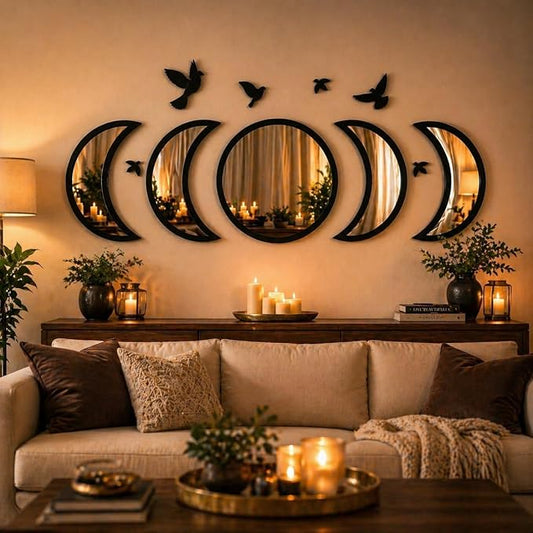 NESHE Moon Phase Mirror Wall Decor Set with Birds | Gothic Witchy Boho Wall Mirror Decor | Scandinavian Aesthetic Home Decor for Bedroom Living Room (Black)
