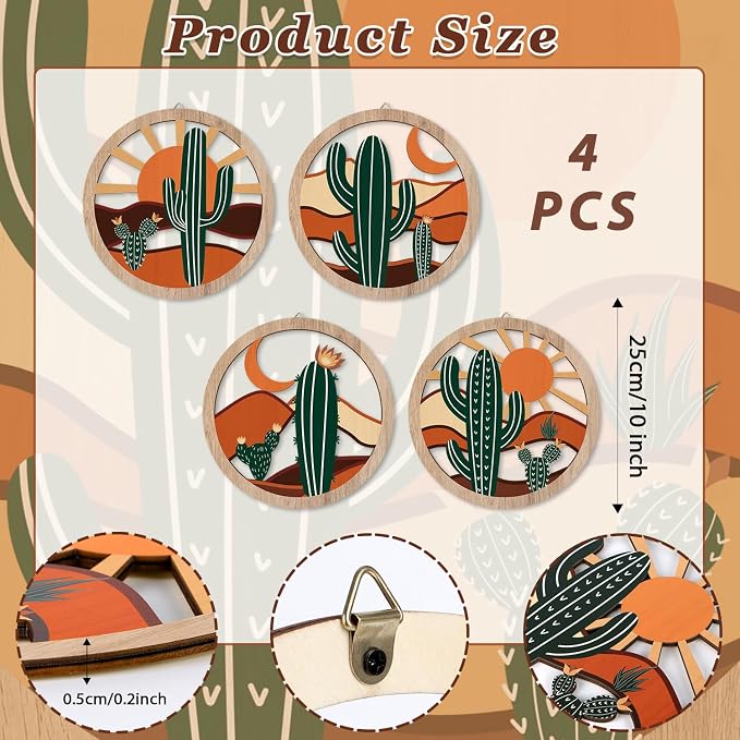 HPNIUB Boho Cactus Wall Decor, Rustic Desert Tropical Botanical Hanging Wood Sign for Living Room, Round Southwest Plant Wooden Plaque, Sun and Moon Wall Art for Apartment Office(10''x10'')