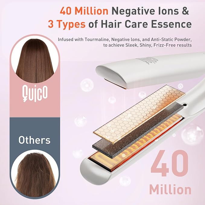 Quico Upgrade Hair Straightener, 100-240V Dual Voltage Travel Hair Straightener and Curler with 15s Heat Up, Professional Negative Ion Ceramic Flat Iron for Less Frizz, 5 Temp & Auto Shut-Off
