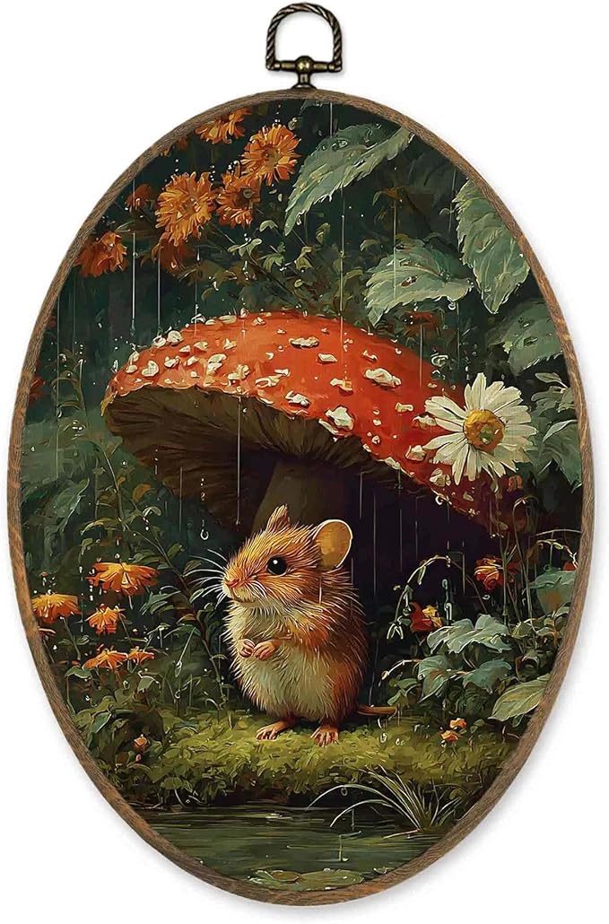 LKETW Vintage Whimsical Rat Mushroom Oval Wall Art Decor, Dark Cottagecore Oval Canvas Hanging Decor, Moody Botanical Rat Mushroom Wall Decorations for Home Room Living Room, 8.6x11.4 Inch