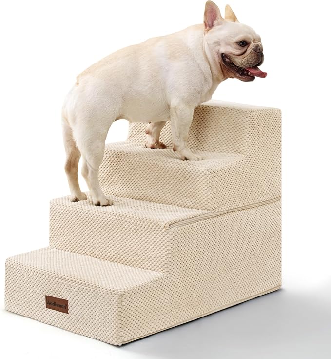 Aodisman Dog Steps for Bed & Couch,18.5" H 4-Step Pet Stairs for Small Dogs | High-Support Anti-Slip Dog Ramp, Easy-to-Climb Steps for Doggies, Older Cats,Short-Legged Dogs to Get on and off Beds,Beige