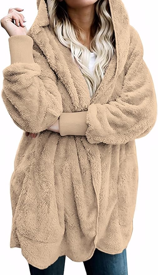 Zilcremo Women Hooded Cardigan Fuzzy Jacket Winter Open Front Fleece Coat Outwear with Pockets