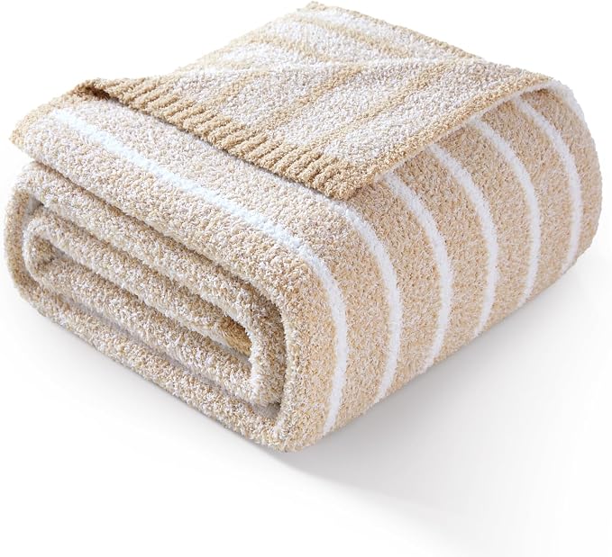 Snuggle Sac Ultra Soft Beige Throw Blanket for Couch, Reversible Cozy Knitted Ribbed Blanket for Sofa, Bed, Home Decor 50"x60"