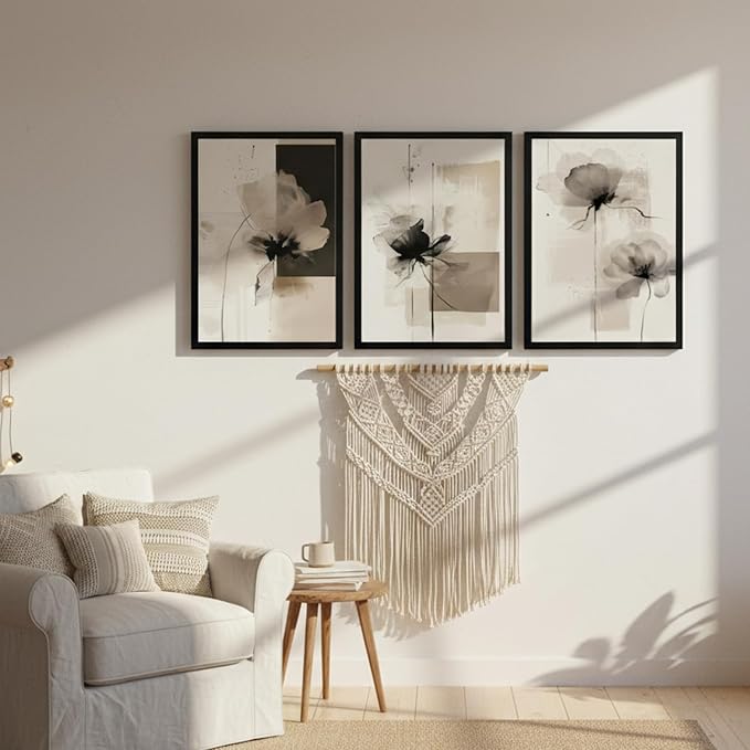 Neutral Abstract Floral Wall Art Black Framed Modern Large Minimalist Canvas Wall Decor Contemporary Beige Black Flower Posters Prints Picture for Living Room Bedroom Bathroom Office 16x24 In