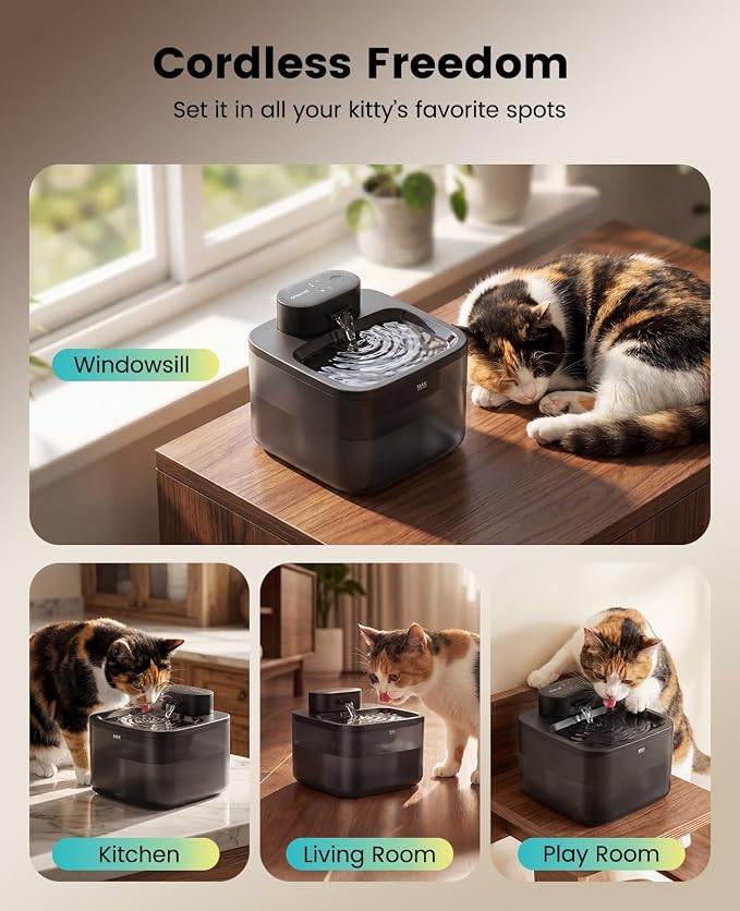 oneisall 2.2L/74oz Wireless Cat Water Fountain | True Cordless,Ultra Quiet SilentFlow™ Pump,3 Flow Modes,Easy to Clean(3-Piece Design),4000mAh Rechargeable,5-Layer Filter