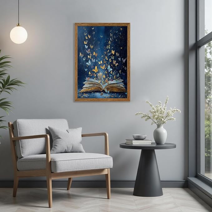 JLTULT Book Wall Art with Butterflies, Solid Wood-Framed Canvas, 20x30 in | Blue open-book art with butterflies on fade-resistant canvas and a ready-to-hang solid wood frame for bedrooms and studies