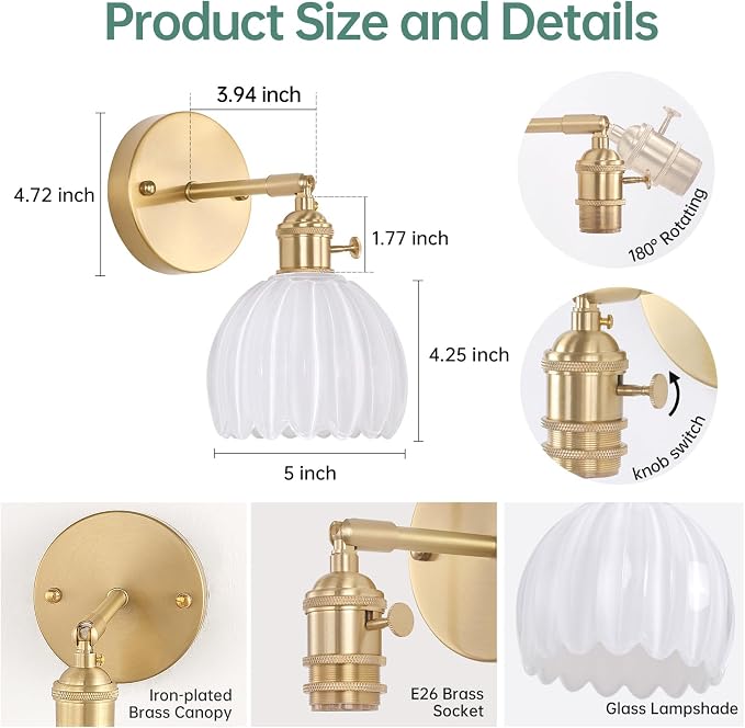 Shenmoyl Vintage Wall Sconces with White Tulip Glass Lampshade 180 Degree Adjustable Brass Sconces Hradwired Modern Wall Lighting Fixture with Switch for Bedside Bedroom Doorway