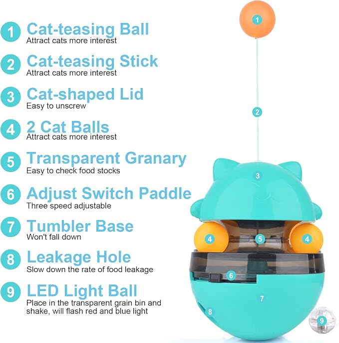 Cat Interactive Toy, Kitty Shape Tumble Food Dispensing Ball, Pet Treat Feeder Leaking Dispenser for Medium Small Dogs Cats (Blue)
