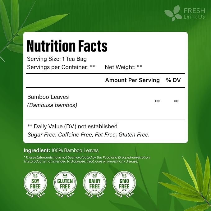 FreshDrinkUS, Premium Bamboo Leaf Tea Bags | 40 Count | Naturally Light & Refreshing Caffeine-Free Herbal Tea – From 100% Natural Bamboo Leaves. Sugar-Free. Vegan