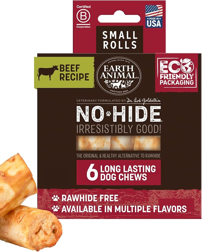 Earth Animal No Hide Dog Chews - Rawhide Free Small Rolls 6 Count Beef | Small Rolls Beef Flavored Natural Rawhide Free Long Lasting Dog Chews - Pet Treats for Small Dogs