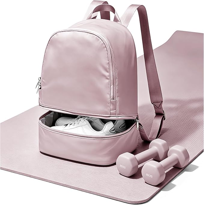 Small Gym Backpack for Women, Office-to-Gym Casual Daypack with Shoe Compartment, Lightweight Water Resistant Small-Size Bag, Clean Fit Style Work Backpack for Daily Use, Pink