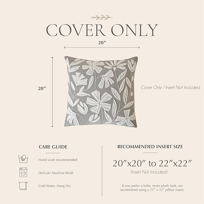 Throw Pillow Cover 20x20 Inch, Light Gray Floral Tufted Velvet Decorative Accent Pillow Case for Sofa Bed Living Room, Cover Only