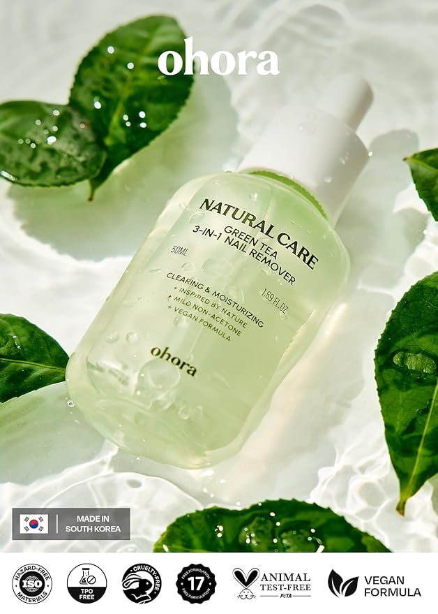ohora Natural Care Green Tea 3-in-1 Nail Remover 50mL – Non-Acetone, Gentle Moisture-Retaining Formula with Green Tea Extract – For Gel, Press-On & Polish, Smooth Easy Nail Removal
