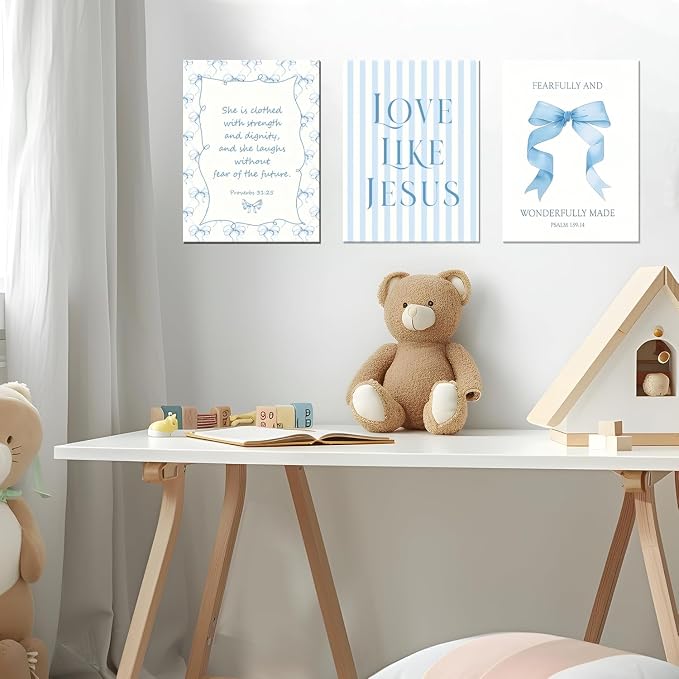 Blue Coquette Room Decor of Bow Pictures Bible Verses Wall Art Decor Set of 3 Preppy Posters Bedroom and Light Bule Bow Dorm Decor Room Decor For Teen Girls 16x24 Inch Framed