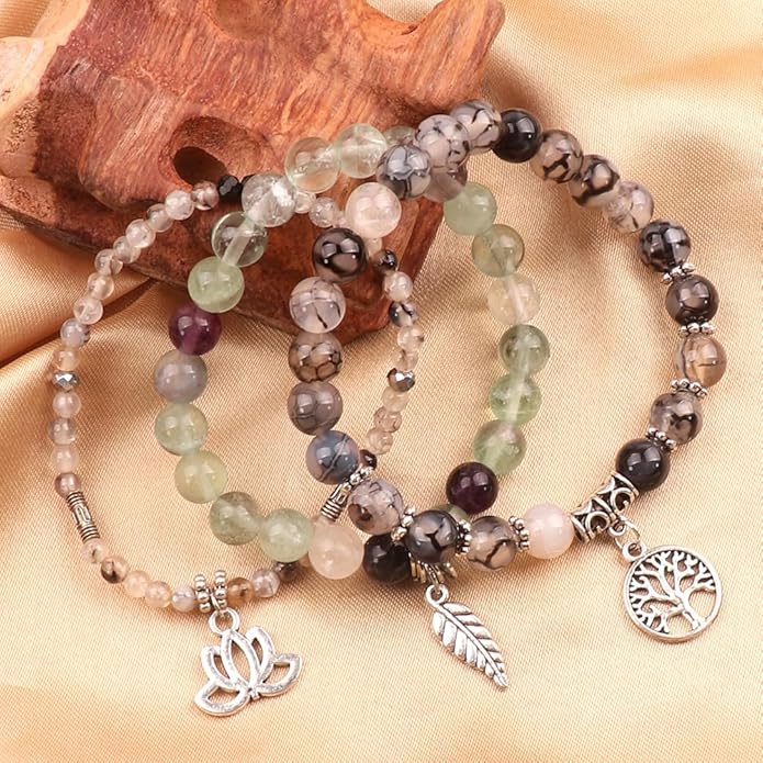 UEUC Tree of Life Yoga Healing Stone Bracelets,Multilayer Lotus Chakra Stone Reiki Bracelet Sets,Anxiety Crystal Natural Stone,for Women Stress Relief