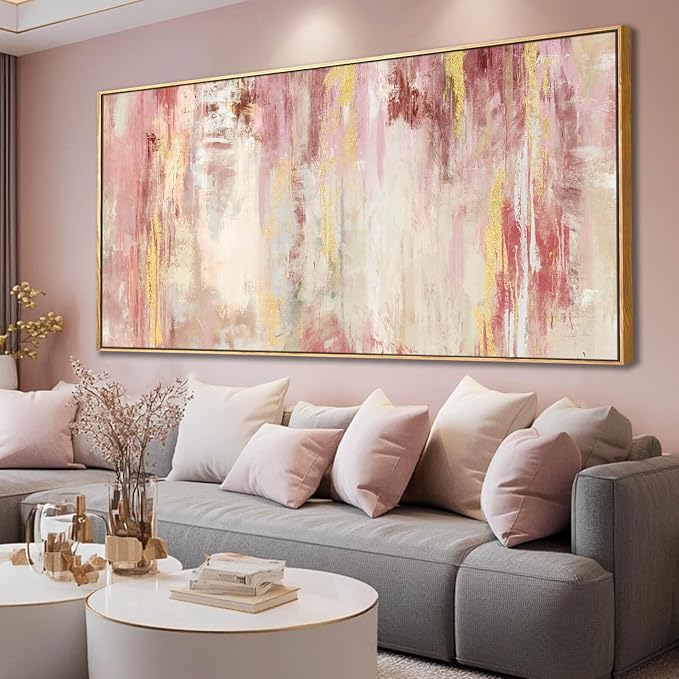 SOUGUAN Pink and Gold Pictures Canvas Wall Art for Bedroom Abstract Hand Paintings Home Decor for Bedroom Kitchen Office Wall Decorations Ready to Hang 30 x 60 Inch