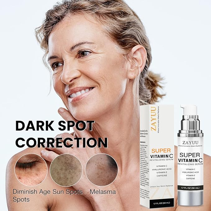 Super Vitamin C Face Serum for Mature Skin: All-In-One Hydrating Anti-Aging Formula - Vitamin C, Hyaluronic Acid, Vitamin E, Caffeine - Face Lift Serum for Wrinkles, Dark Spots - 1.7 fl. oz.