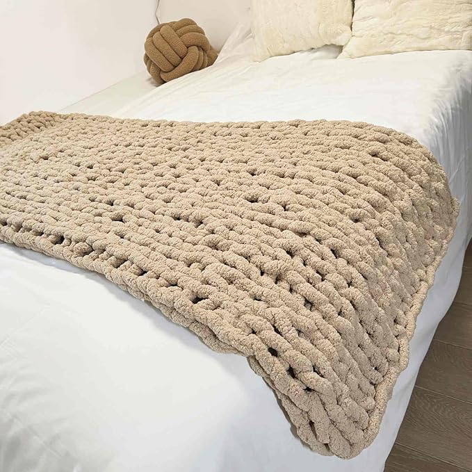 Soft Chunky Knit Throw Blanket for Couch, Cozy Warm Knitted Blankets | Hand Knit with Jumbo Chenille, Lightweight Warm Fluffy Decor for Women, Mom, Her & Girls, Sofa, Chair, Bed, 40"×40" (Tan)