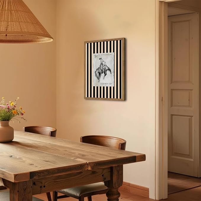 Vintage Western Wall Art, Rodeo Cowboy Horse Postage Wall Decor Mid Century Southwest With Stripes Western Canvas Prints for Living Room Bedroom Bathroom 16x24 inch Framed