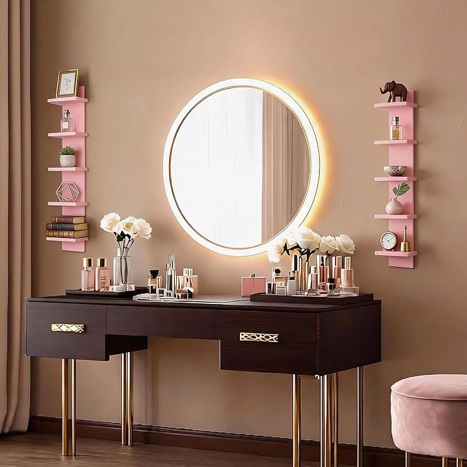 5 Tier Floating Wall Shelf, Pink | Modern Vertical Shelving Pink Room Decor Corner Shelf for Entryway, Bedroom, Bathroom, Study Room and Living Room