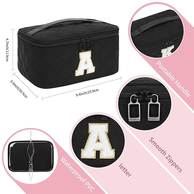 OCHEAL Makeup Bag Valentines Day Gifts for Women, Monogram Cosmetic Bag Black Travel Makeup Case Beauty Toiletry Bag Organizer Personalized Gifts for Girls Bridesmaid, Sister, Wife, Friends Initial A