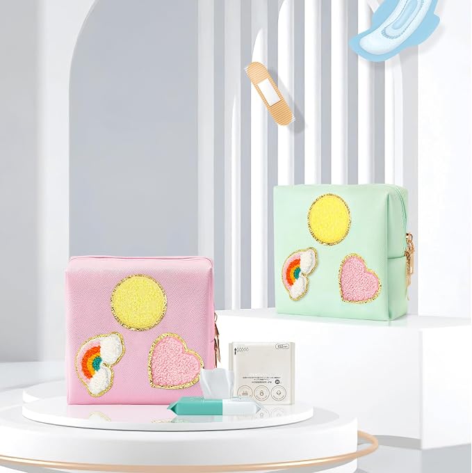 2 Pack Period Bag, PU Leather Sanitary Napkin Storage Bag for Feminine Pads Liners Tampons and Reusable Pads,Functional Sanitary Pads Pouches First Period Kit for Women Ladies Gift