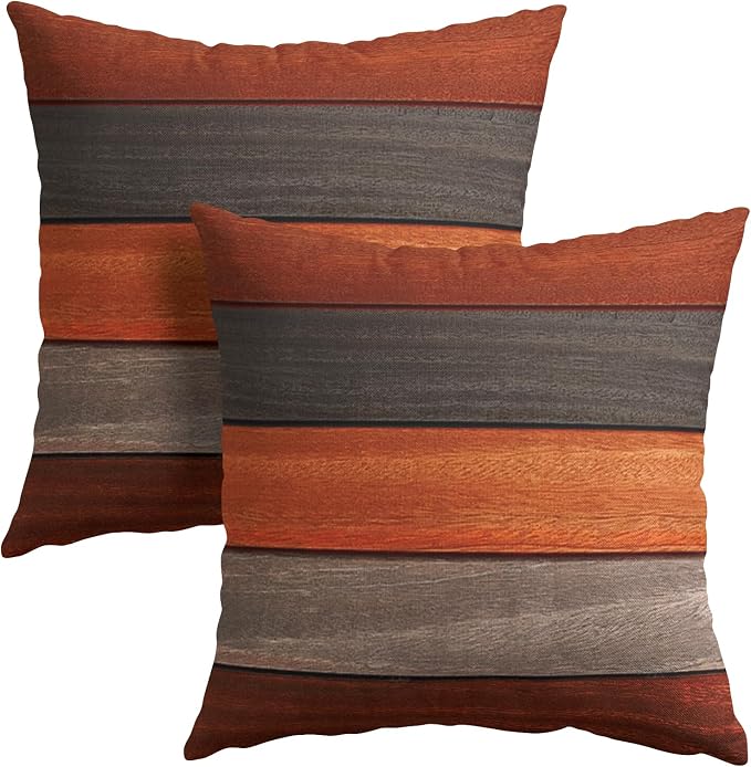 Kawani Wood Grain Throw Pillow Covers 22x22 Inch, Orange Brown Wooden Board Square Pillowcase Set of 2, Farmhouse Cotton Linen Cushion Covers for Couch Sofa Bed Bedroom Car Living Room