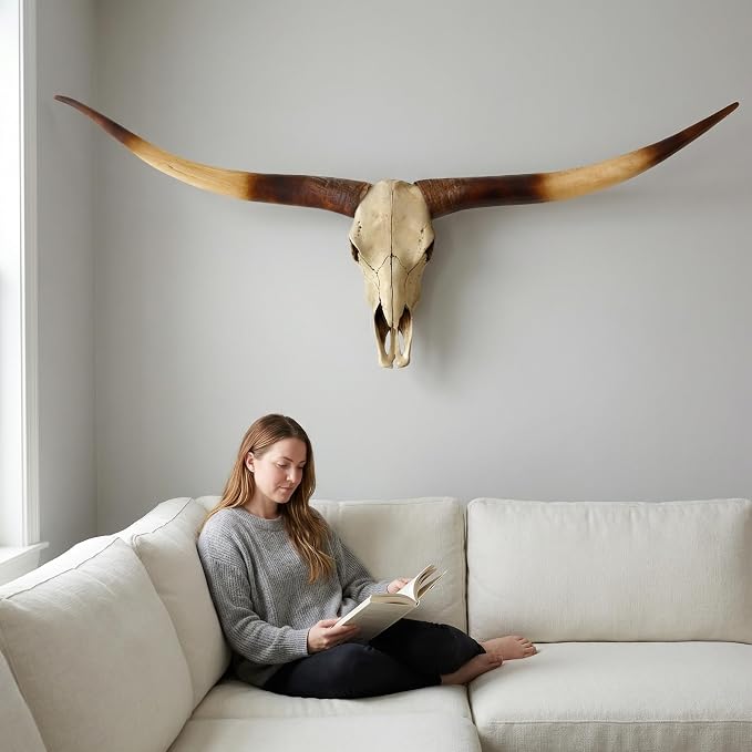 JUNTHORB 70in Longhorn Wall Decor, Extra Large Authentic Croissant，Cow Skull Wall Decor，cow horns, cow horn wall decoration, long horn skull，Handmade Farmhouse Decor (brown)