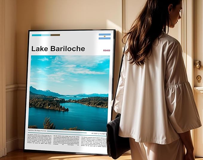 Poster Lake Bariloche Wall Art Original Design(36"x24" Metal Frame) Argentina Patagonia Landscape Print Andes Mountains Nature Scenery Nahuel Huapi Glacial View South America Travel Home Decor