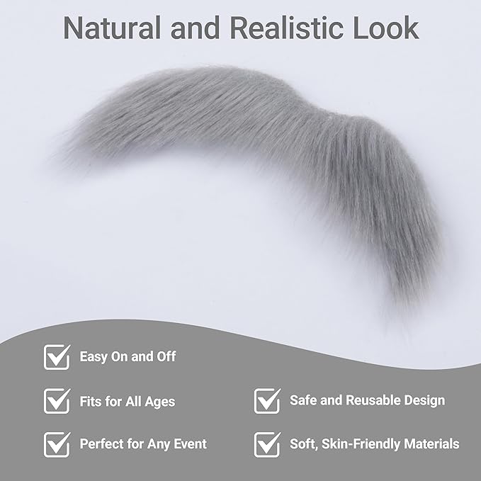 2Pcs Men Fake Mustache Realistic Mustaches Fake Facial Hair Beard for Cosplay Costume Halloween Parties
