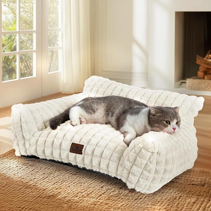 Cat Couch Bed with Fluffy Faux Rabbit Fur for Indoor Cats, 24 Inch | Cute Fuzzy Pet Sofa With Washable Cover For Puppy Kitten, Suppportive Small Pets Couch in 3D Diamond Pattern, Off White