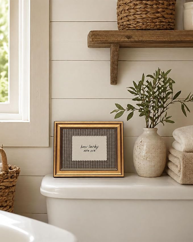 Gold Framed Wall Art, How Lucky Are We Canvas Prints, Rustic Brown Gingham Picture Wall Decor, Funky Preppy Stripe Quotes Artwork for Bedroom Dorm Apartment 12x16 inch