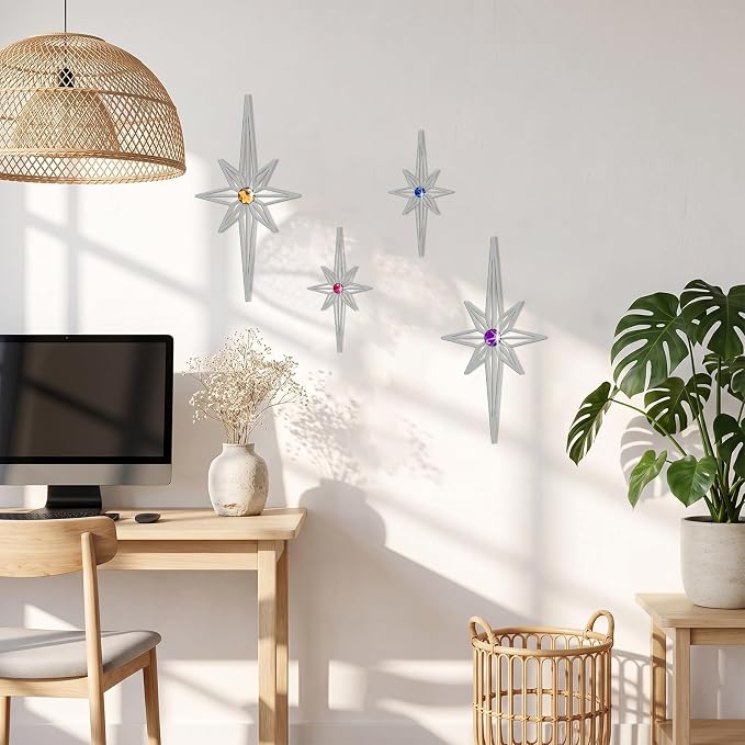 sxnzequnze 4 Pcs Star Wall Art for Home Decor Living Room Bedroom Office Metal 3D,Bling,with Hanging Hook Starburst Midcentury Sculpture Retro Gallery Accent Celestial -Silver 16.5in/9.4in