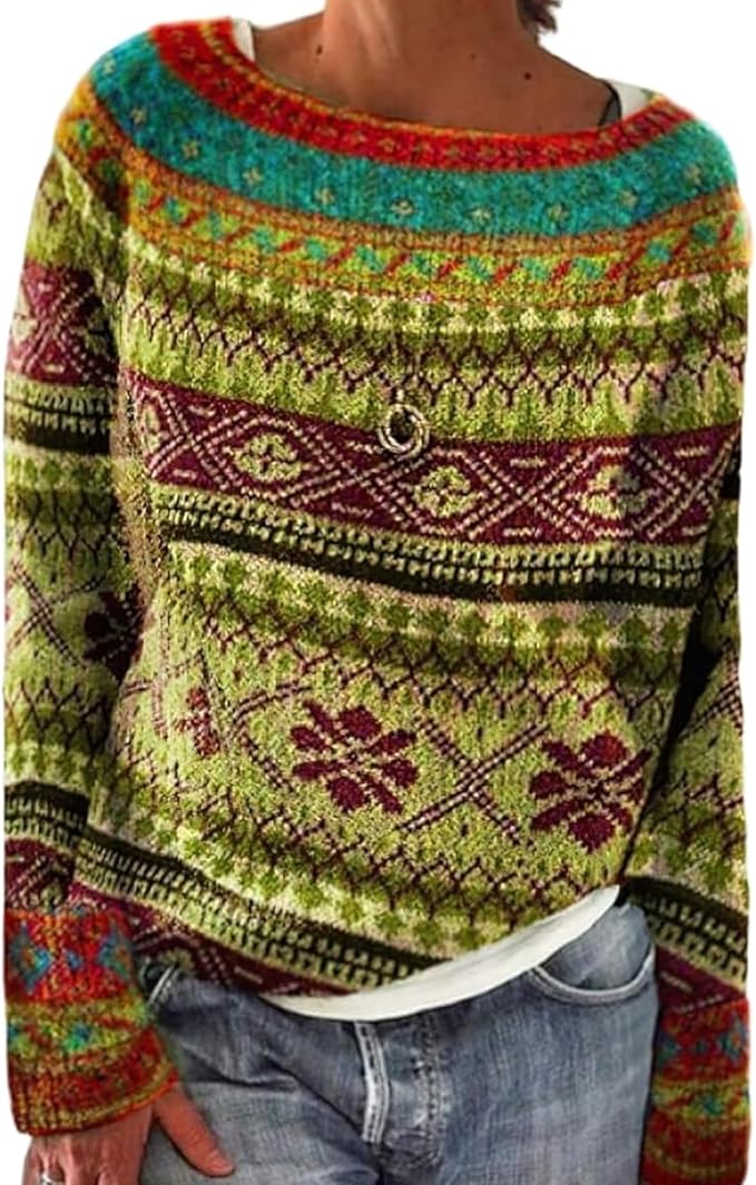 Zhyaj Fair Isle Sweater for Womens Winter Long Sleeve Vintage Knitted Sweater Casual Fall Crew Neck Pullover Sweaters