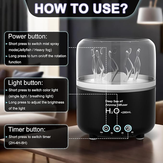 Morbou Essential Oil Diffuser with Jellyfish Spray & Sea Anemone Rotation, 280ml Ultrasonic Aromatherapy Machine,7-Color LED Night Light Quiet Mist for Bedroom, Remote Control (Black)