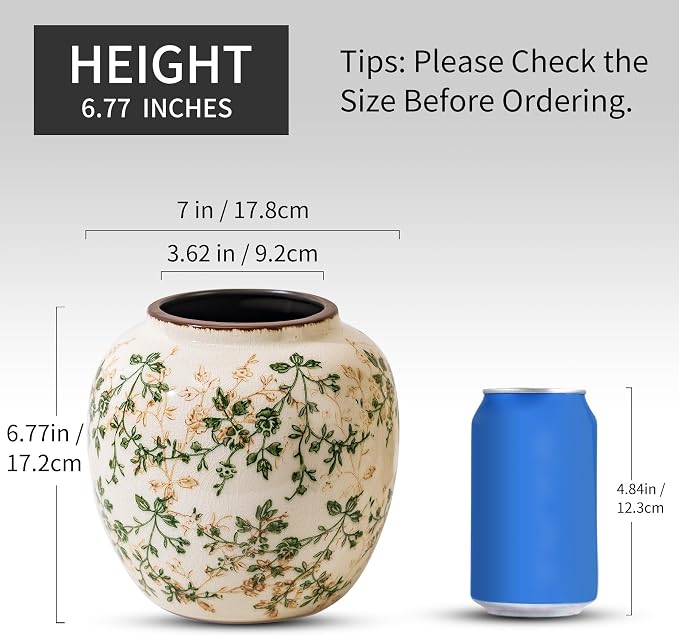 Ceramic Flower Vase for Home Decor, Vintage Decorative Green Vase 6.7 Inch | Rustic Farmhouse Floral Vase for Living Room, Coffee Table, Mantel, Kitchen, Bookshelf, Entryway, Wedding Centerpiece