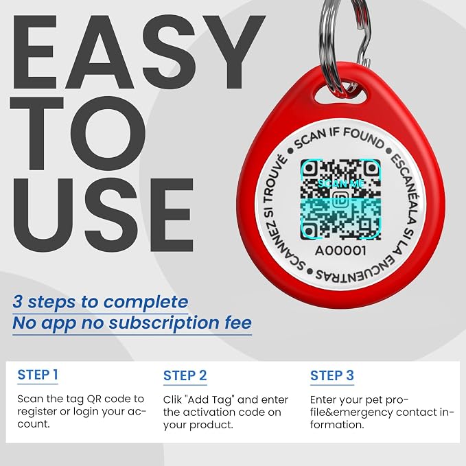 QR Code Dog Tags Personalized for Pets, Real-time Alerts, Red