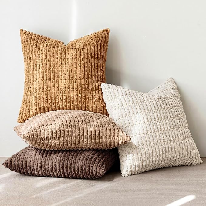 MIULEE Pack of 4 Corduroy Decorative Throw Pillow Covers 18x18 Inch Brown | Neutral Rustic Farmhouse Boho Soft Striped Pillow Covers,Home Decor for Sofa,Living Room,Couch,Bed