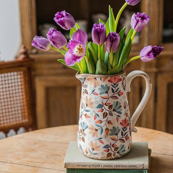 Vintage Colorful Flower Ceramic Vase with Handle, Retro Ice Glazed Crack Farmhouse Pitcher Vase for Home Decor, Living Room, Shelf, Office, Rustic Table Centerpiece 7 Inch