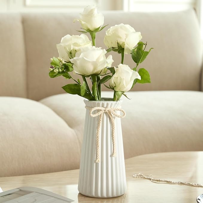 White Ceramic Flower Vase, 8'' Modern Minimalist Decorative Vases for Bouquet, Boho Vases for Pampas Grass Home Office Farmhouse Decor Bedroom Living Room Wedding Table Decorations