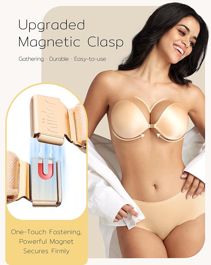 Niidor Adhesive Bra Strapless Sticky Invisible Push up Silicone Bra for Backless Dress with Reusable Nipple Covers