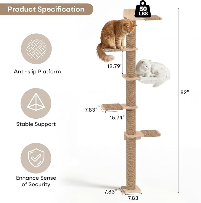 Tall Cat Tree, 5 Tier Floor Cats Tower, Wall-Mounted Kitten Sisal Scratching Post, with Cozy Hammock, Suitable for Climb, Scratch, Lookout and Play (Wall-Mounted)