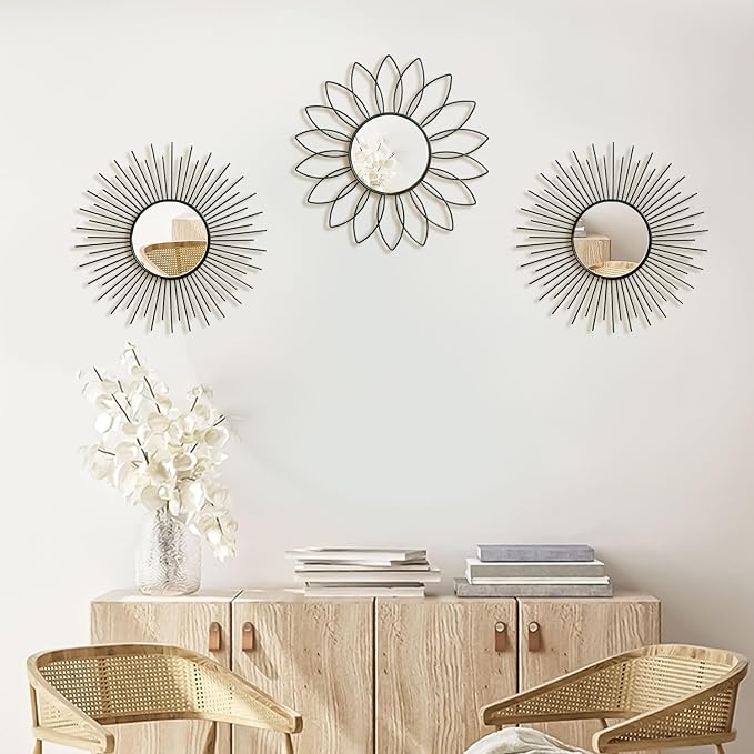 3 Pack Metal Mirrors for Wall Sunburst Wall Mirrors Home Décor Decorative Hanging Wall Art for Living Room Bedroom Entryway (Black2, Flower+Sunburst)