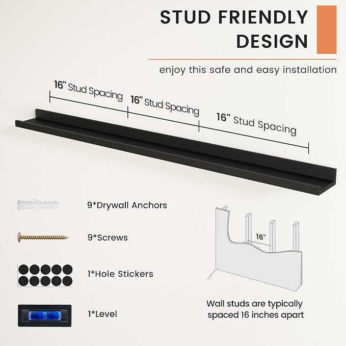 Picture Ledge Shelf, Long Floating Shelves for Wall, 52" W Set of 2, Black | FSC Certified Engineered Wood, Wall Mounted Bookshelf, for Nursery Living Room Bedroom, Easy Install
