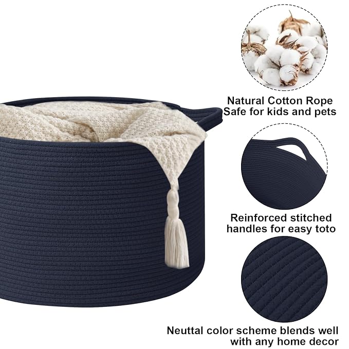 65L Large Blanket Basket,Woven Rope Laundry Basket-Dark Blue | Collapsible, reinforced handles, nursery storage bin organizes clothes, toys and pillows for living room, bedroom bathroom